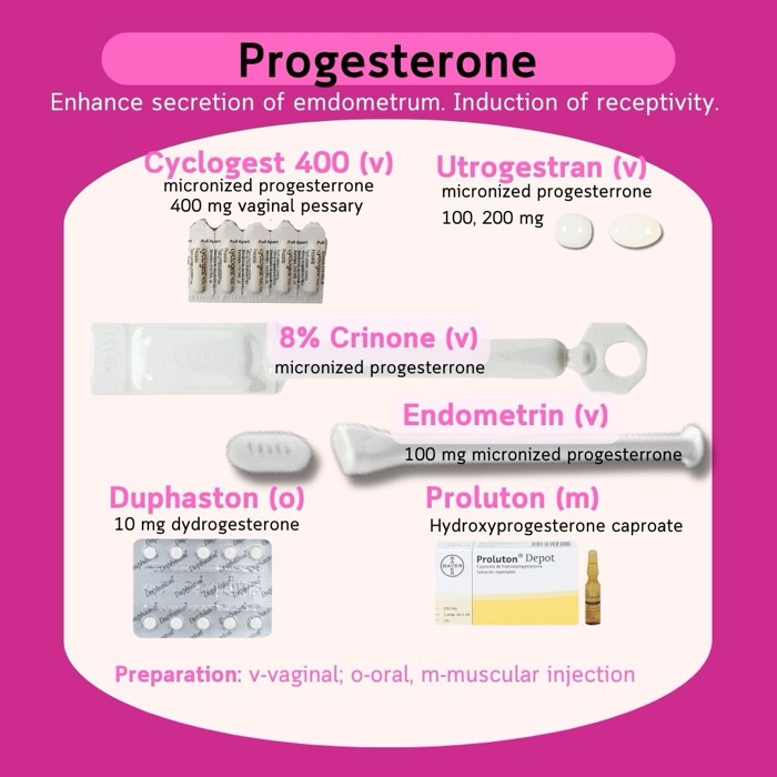 Progesterone chuẩn bị và hỗ trợ nội mạc — Cyclogest, Utrogestran, Endometrin, Crinone, Duphaston, Proluton
